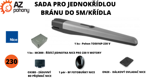 Sada pro jednokřídlou bránu do 5m/křídla, 1x TO5016P-230 V, 385 W, 3200 N, 1x MC800, 1x OXIBD, 1x ON2E, 1x BF, zvýšená síla pro větší zatížení